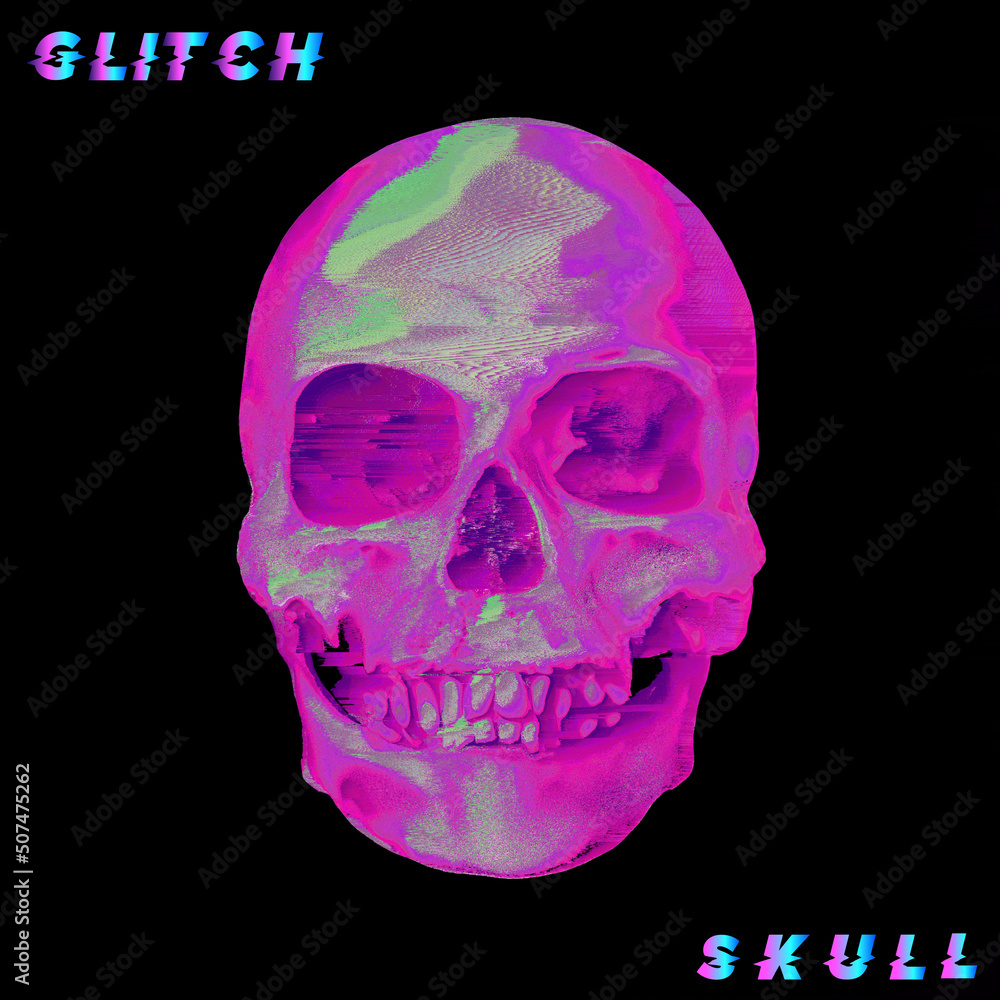 Poster glitch skull. pixel sorting glitch art corrupted graphics of colorful psychedelic front side skull f