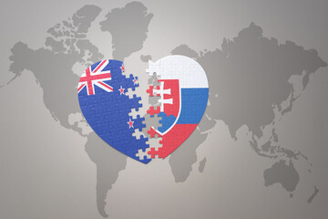 puzzle heart with the national flag of new zealand and slovakia on a world map background. Concept.