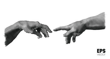 Vector illustration of hands reaching out for touch in black tilted line halftone vintage style design isolated on white background. - obrazy, fototapety, plakaty