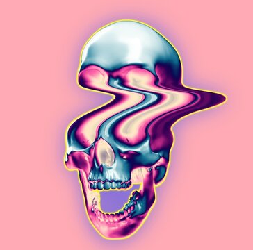 Digital illustration from 3d rendering of pixel stretched glitch deformed screaming skull in synthwave psychedelic vibrant colors style isolated on pink background.
