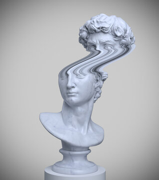 Abstract concept illustration of white marble grayscale pixel stretched glitch of male classical bust from 3d rendering isolated on gray background. 