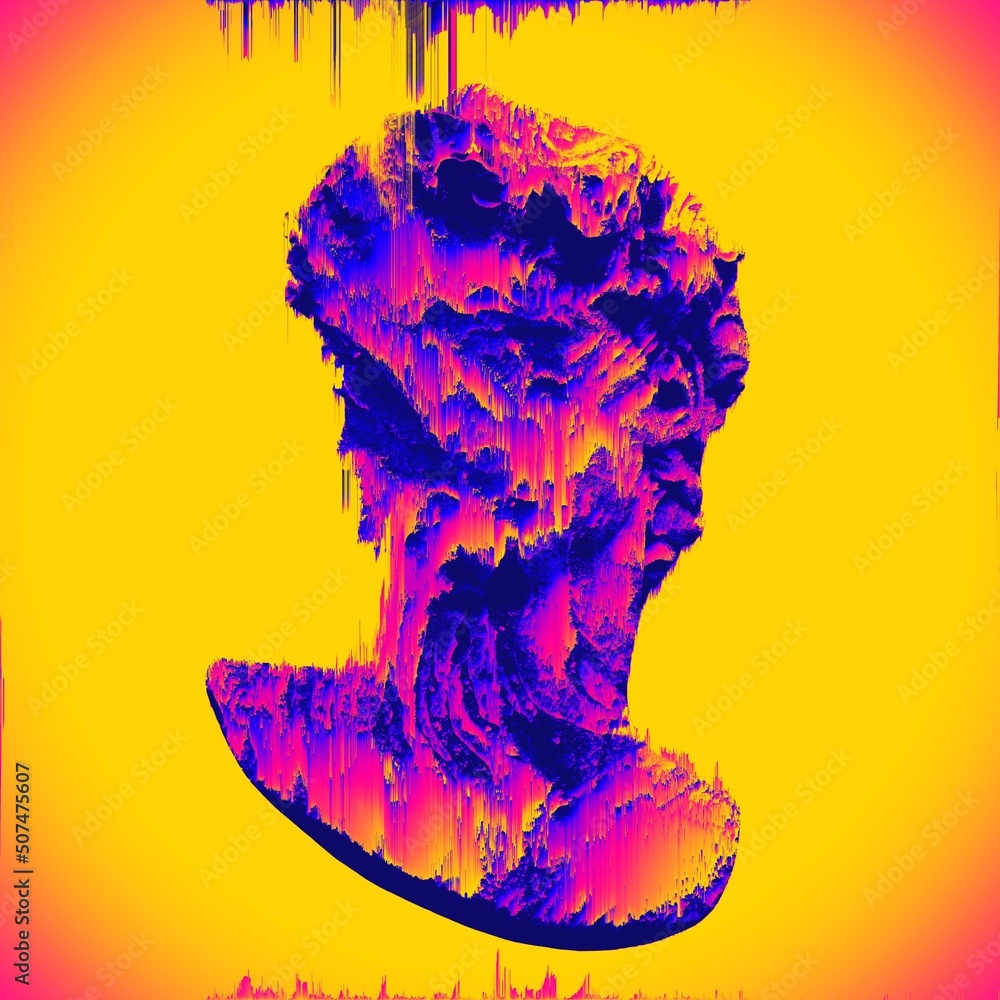 Poster glitch art abstract illustration of rock material head sculpture of classical style isolated on back