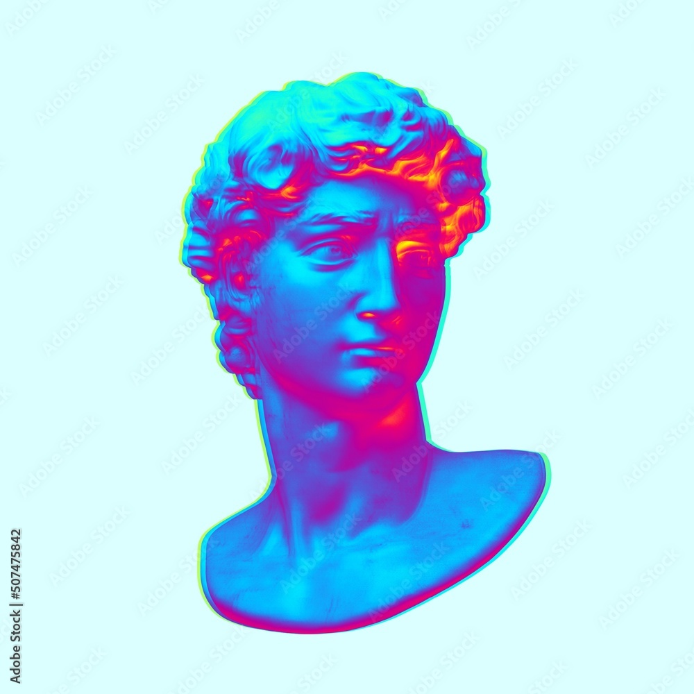 Wall mural Digital illustration from 3D rendering of classical head bust isolated on background in pink and blue vaporwave and retrowave style colors.