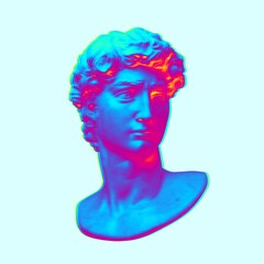 Digital illustration from 3D rendering of classical head bust isolated on background in pink and blue vaporwave and retrowave style colors.