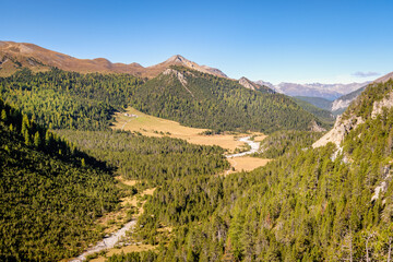View on the Swiss National Parc from the top of the Fuorn or Ofen Pass (Pass dal Fuorn). It...