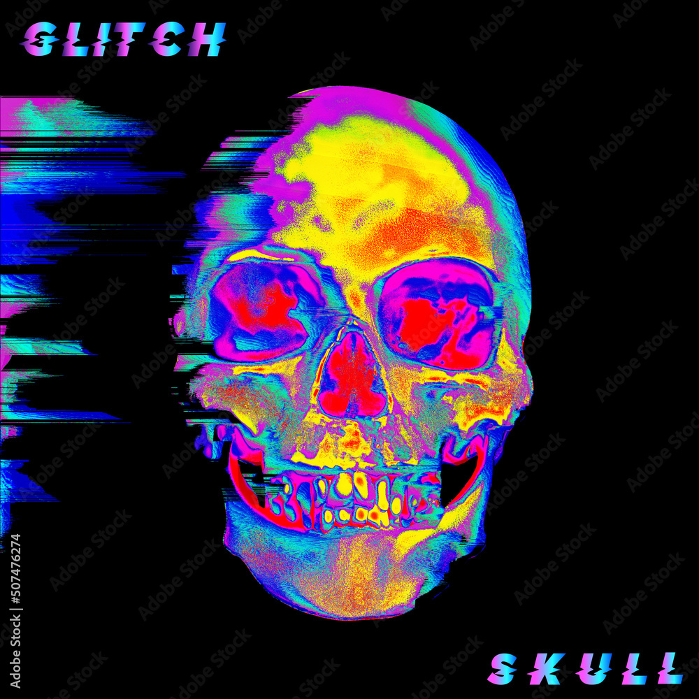 Poster glitch skull. pixel sorting glitch art corrupted graphics of colorful psychedelic front side skull f