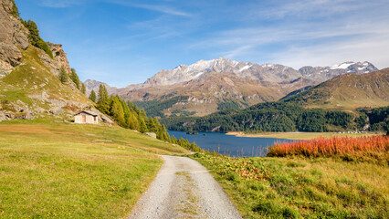 The hiking trail from Plaun da Lej to Grevasalvas (part of Via Engadina) offers great views on Lake Sils and the Upper Engadine Valley (Switzerland). In Grevasalvas they shot one Heidi movie.