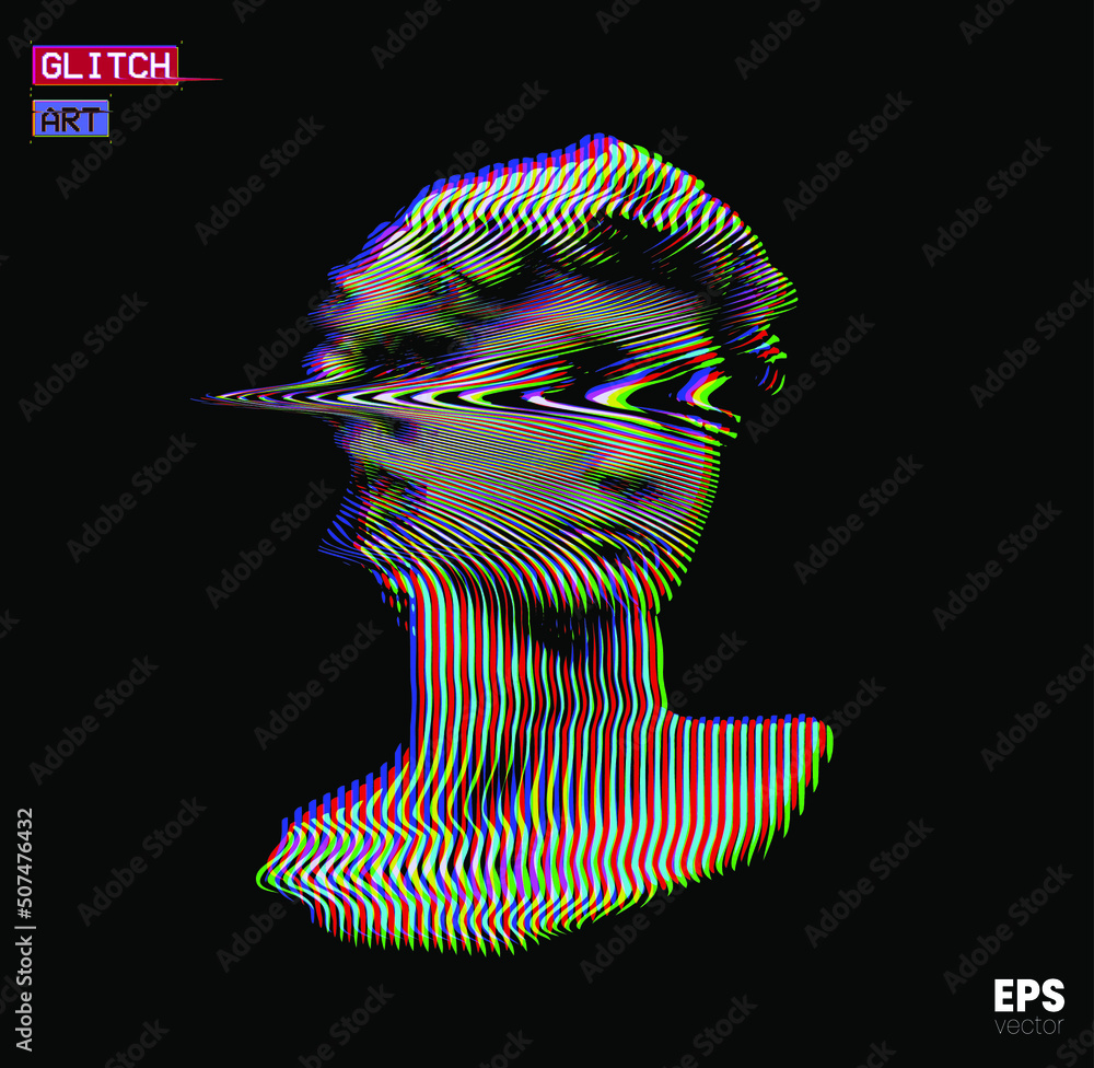 Poster vector rgb color mode offset and distorted wavy line halftone illustration of male classical head sc