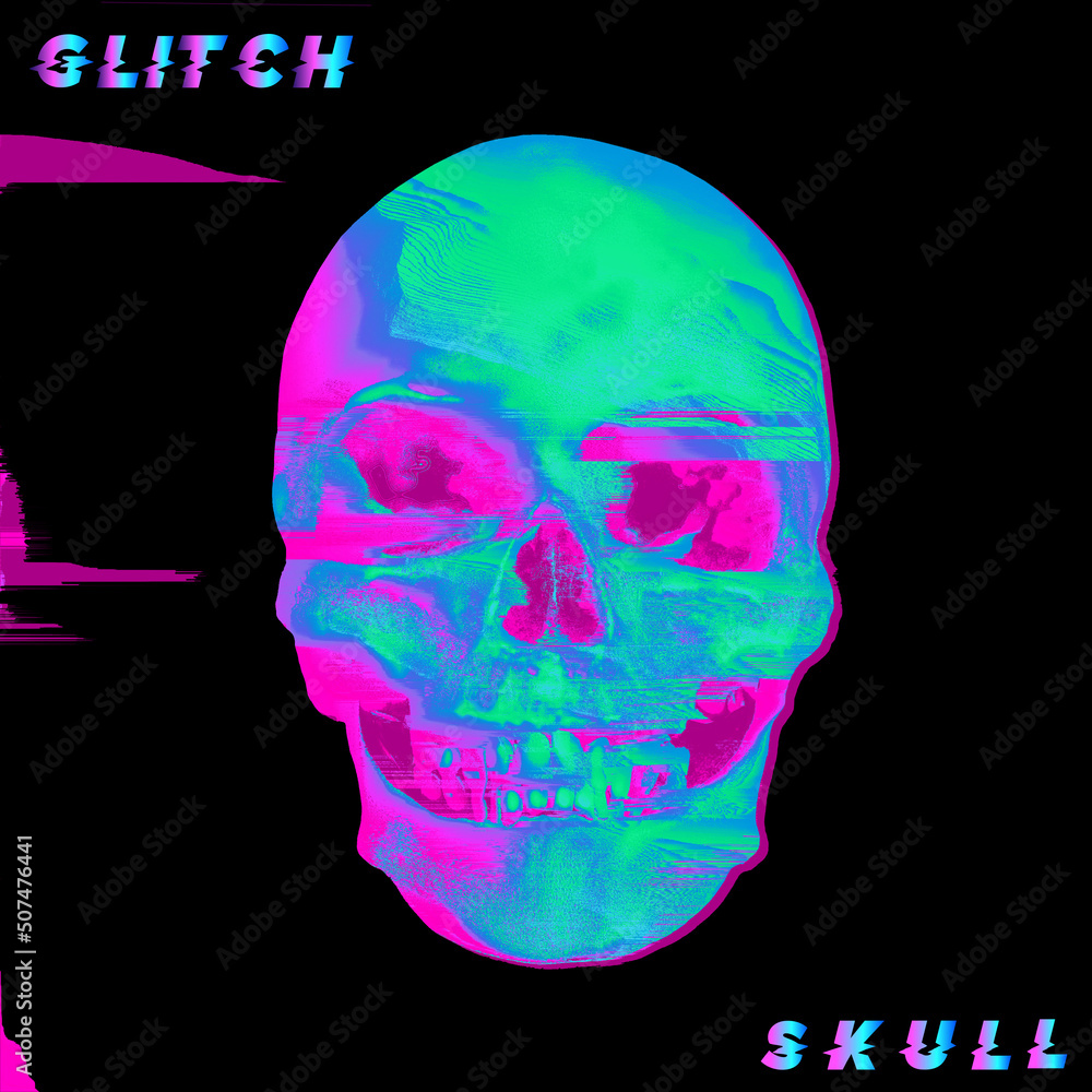Poster pixel sorting glitch art corrupted graphics of colorful psychedelic front side skull from 3d renderi