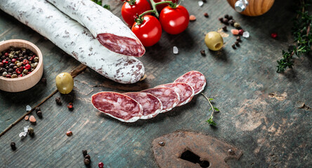 Fuet Salami cut in slices on a wooden background. Traditional Spanish sausage. Long banner format. top view
