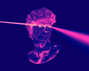 3D rendering scientific experiment illustration of a beam of light hitting a classical head male sculpture made of crystal glass and refracting light in colorful vaporwave style color palette.