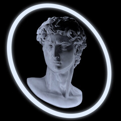 Abstract illustration from 3d rendering of classical marble male head sculpture illuminated by a white neon halo ring and isolated on black background.
