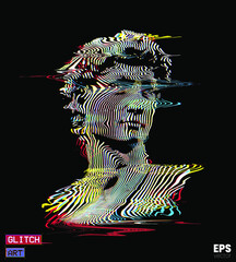Vector RGB color mode offset and distorted wavy line halftone illustration of male classical head sculpture from 3d rendering isolated on black background.
