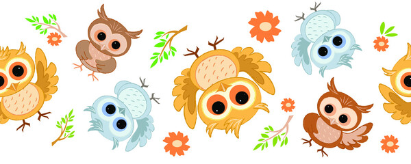 Naklejka premium Seamless border with cute colored owls for various children's decorations.