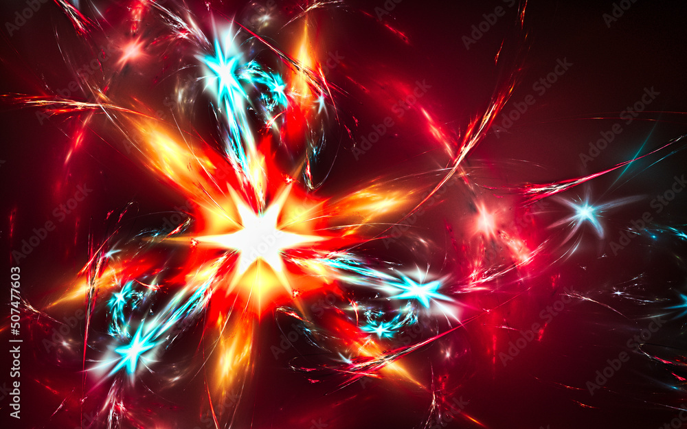 Poster abstract illustration of a computer generated fantastic star in various shapes and shades on a black