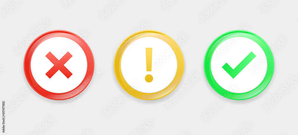Poster 3d checkmark icon button with modern 3d exclamation mark icon correct incorrect and warning attention sign or check mark box frame with green tick and red cross symbols - yes or no 3d icons buttons