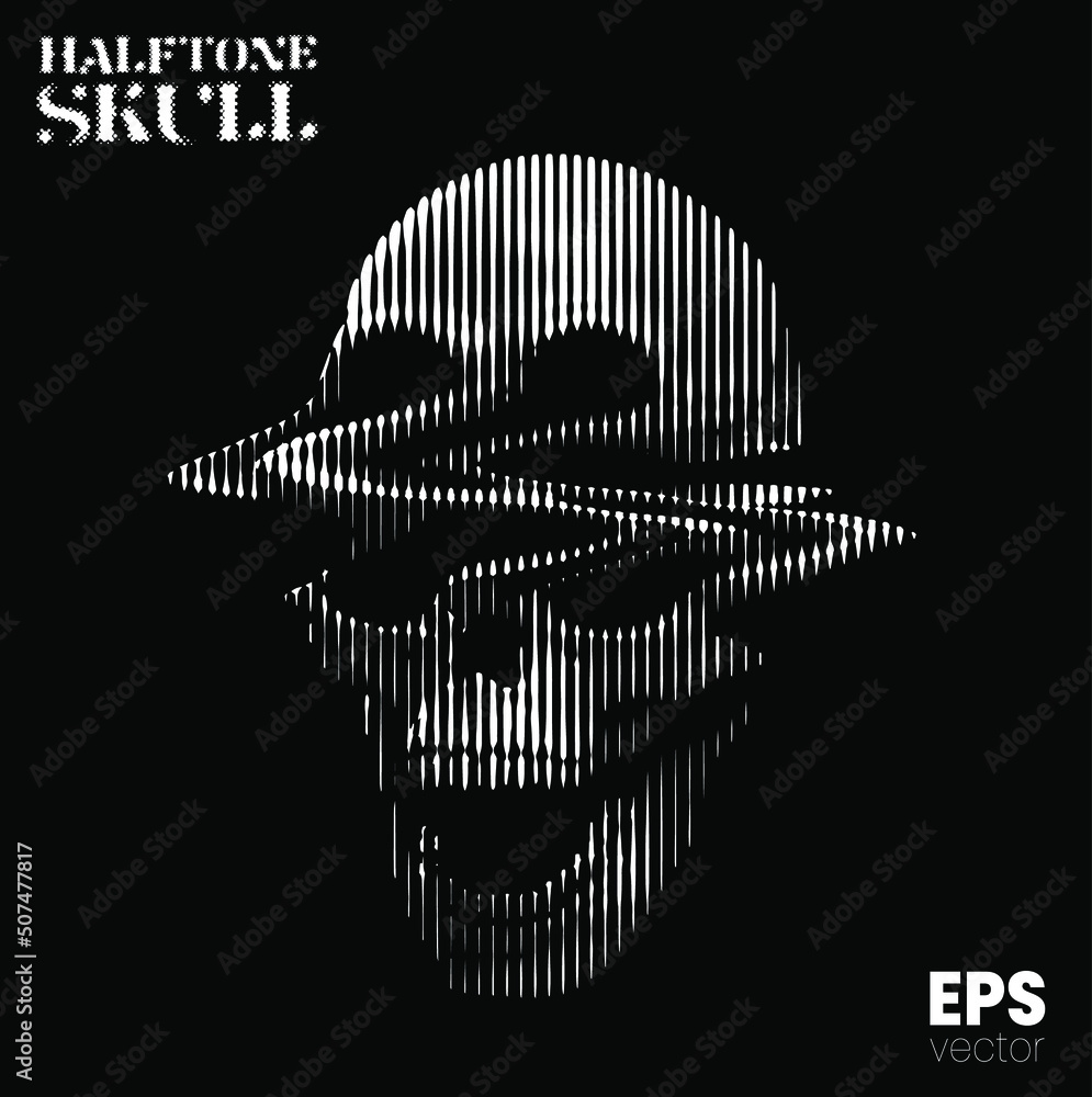 Poster halftone skull. vector illustration from 3d rendering of glitched screaming skull in black and white