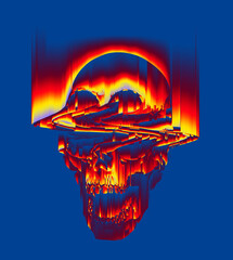 Digital glitched abstract skull in pixel sorting effect and colorful psychedelic colors in the style of corrupted graphics of CRT TVs and VHS from 3D rendering.
