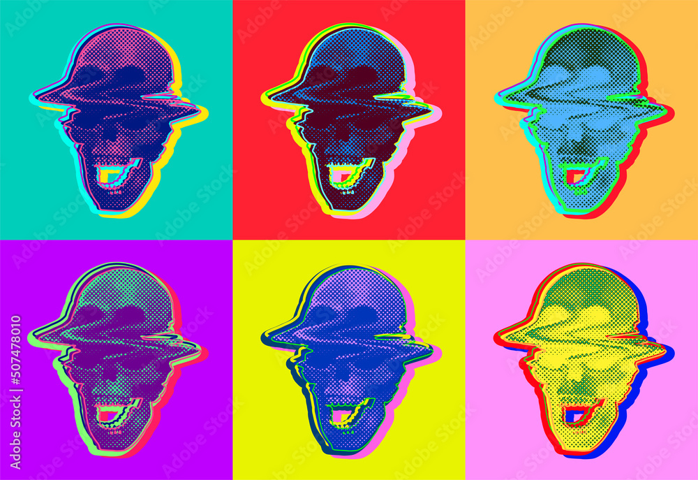 Poster 6 different screen printing dot halftone graphics of colorful glitched screaming skull from 3d rende