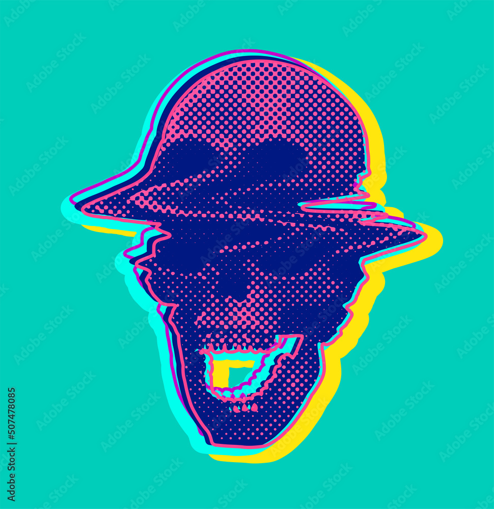 Poster screen printing dot halftone graphics in pink and blue of glitched screaming skull from 3d rendering