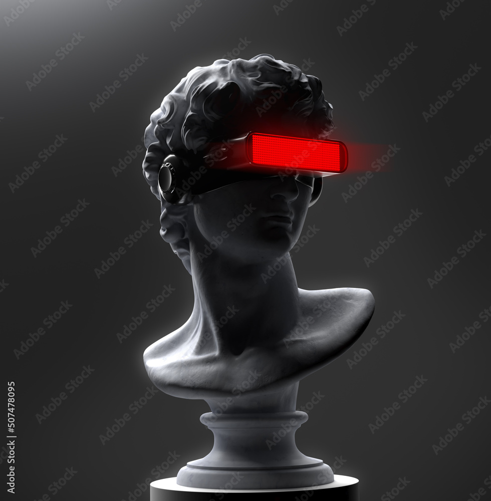 Poster concept illustration from 3d rendering of classical head sculpture with virtual reality visor headse
