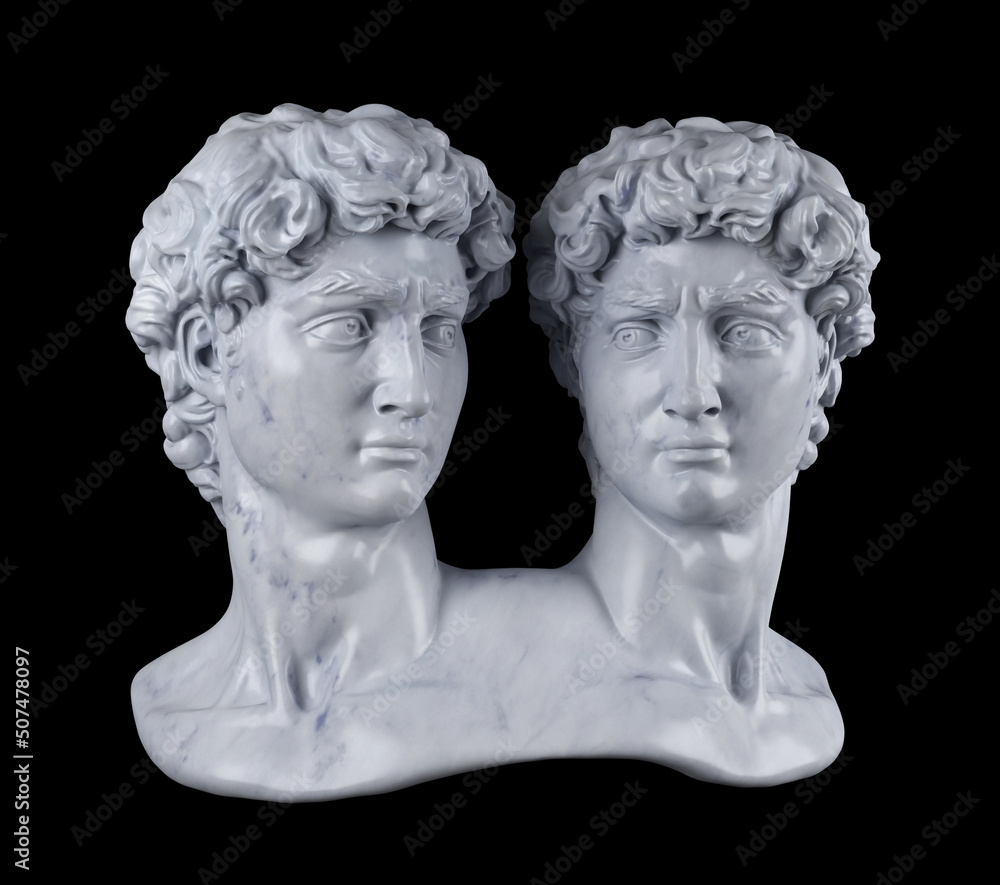 Poster abstract digital illustration from 3d rendering of siamese twins classical white marble bust isolate