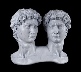 Abstract digital illustration from 3D rendering of Siamese twins classical white marble bust isolated on black background.