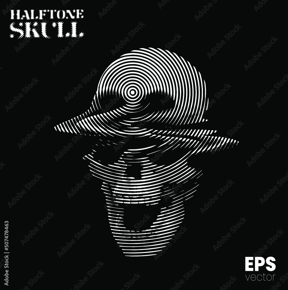 Poster halftone skull. vector illustration from 3d rendering of glitched screaming skull in black and white