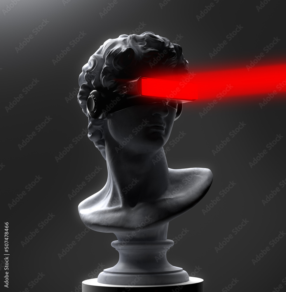 Poster concept illustration from 3d rendering of classical head sculpture with virtual reality visor headse