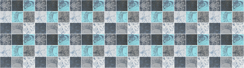 Old turquoise gray vintage worn shabby mosaic motif porcelain stoneware tiles, with lace fabric...