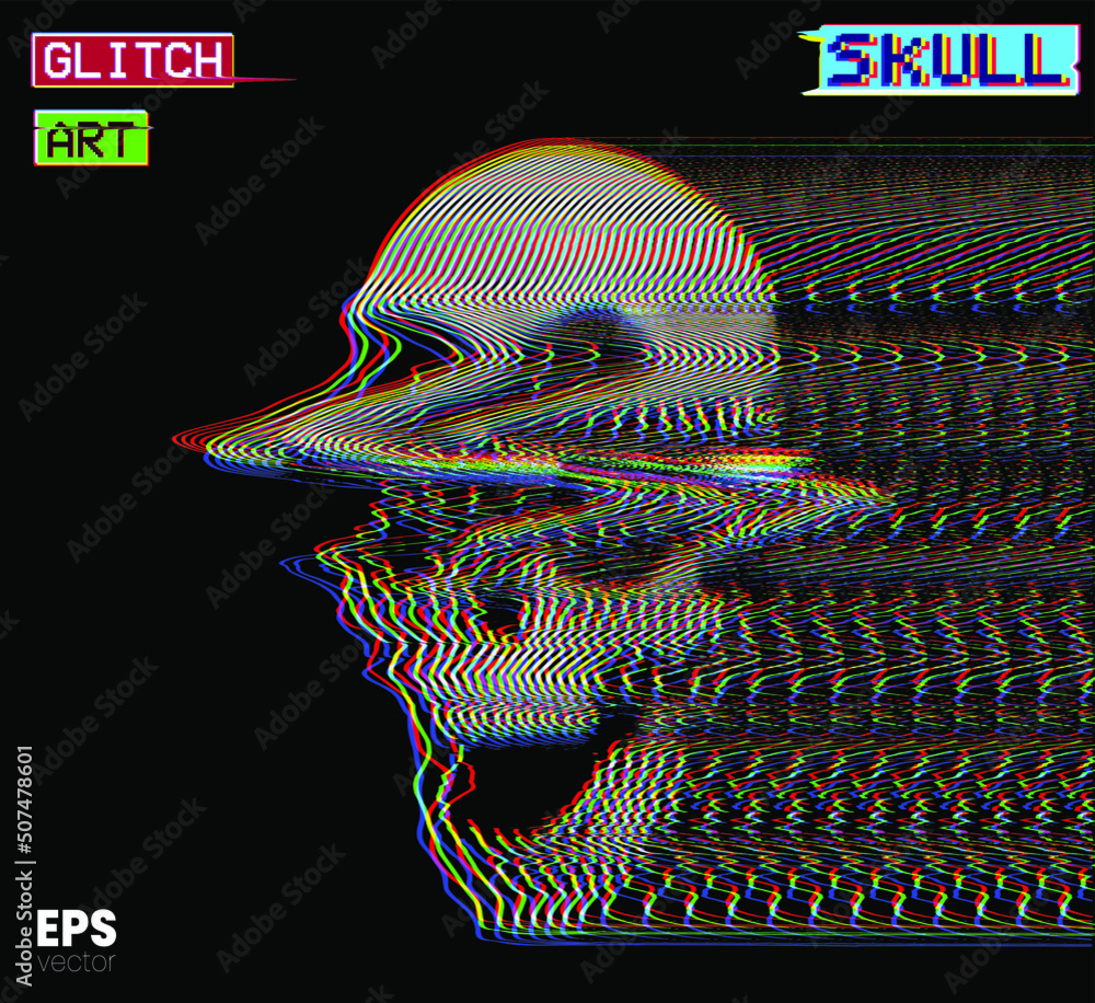 Poster glitch art skull. vector illustration of digital glitch art screaming skull in oscilloscope rgb colo
