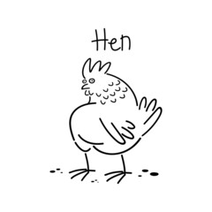 Hen doodle. Funny cartoon chicken. Vector outline illustration for coloring book.