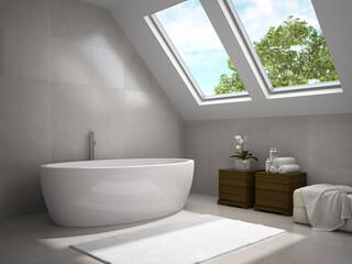 Fototapeta na wymiar Interior of modern bathroom with wooden cupboards 3D rendering 3