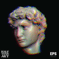 Halftone Art. Vector glitch and corrupted RGB color offset mode illustration from 3d rendering of classical marble male head in circular line halftone style isolated on black background.