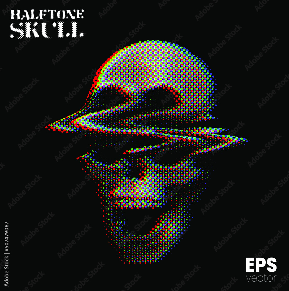 Poster halftone skull. vector illustration from 3d rendering of glitched screaming skull in rgb color mode 