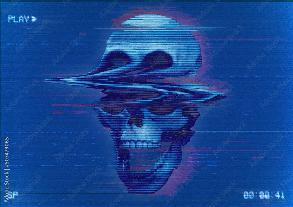 Poster concept illustration of digital glitch art screaming skull on blue background from 3d rendering in t