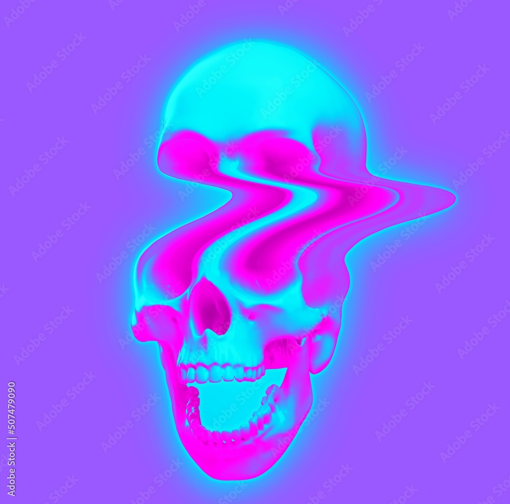 Poster digital illustration from 3d rendering of pixel stretched glitch deformed screaming skull in synthwa
