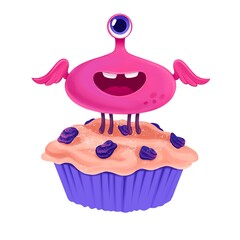 A cute pink monster with wings on a cake with raisin