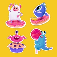 Set of cartoon monsters and sweets for sweet shop