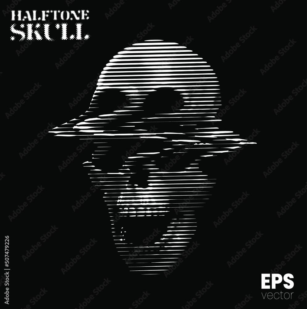 Poster halftone skull. vector illustration from 3d rendering of glitched screaming skull in black and white