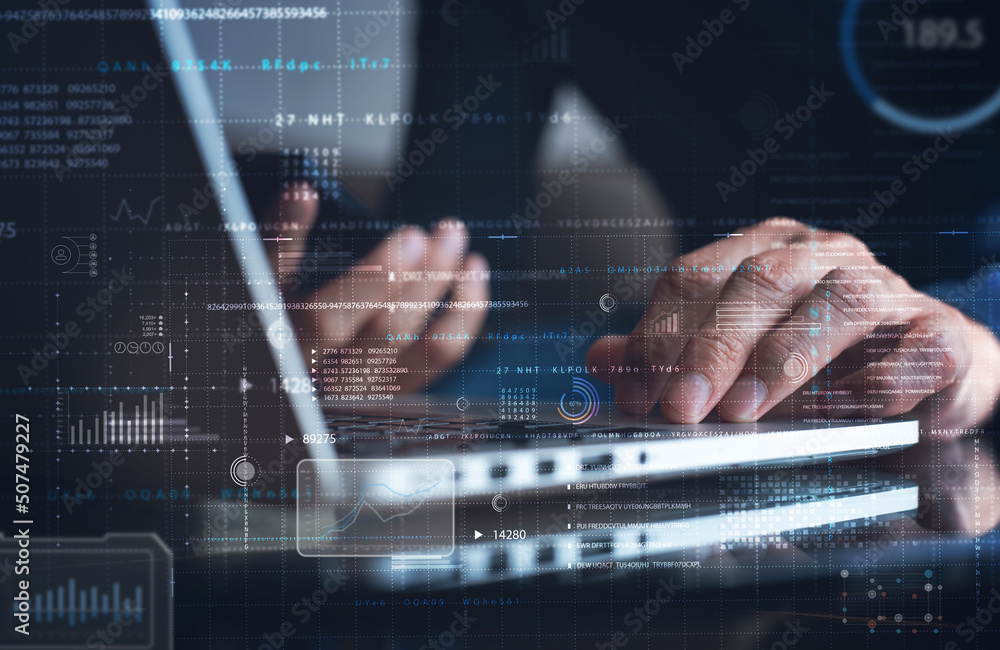 Poster data science, digital technology concept. computer science engineer programming on laptop, working w