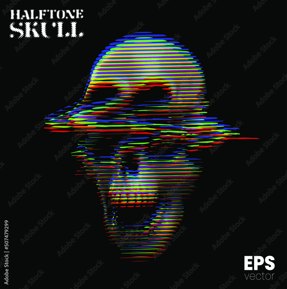 Poster halftone skull. vector illustration from 3d rendering of glitched screaming skull in rgb color mode 