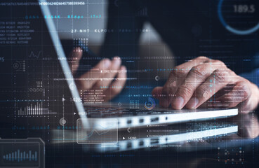 Data science, digital technology concept. Computer science engineer programming on laptop, working...