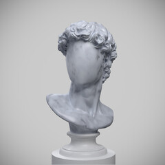 Abstract concept illustration of faceless white marble classical bust on pedestal with identity erased face from 3d rendering on grey background. - obrazy, fototapety, plakaty