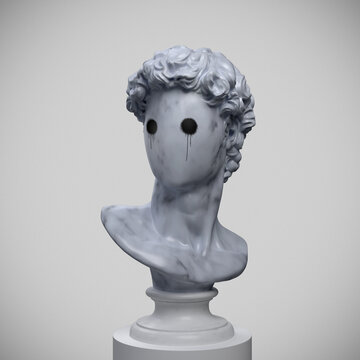 Abstract concept illustration of faceless marble classical bust on pedestal with sprayed emoticon style black eyes from 3d rendering on grey background.