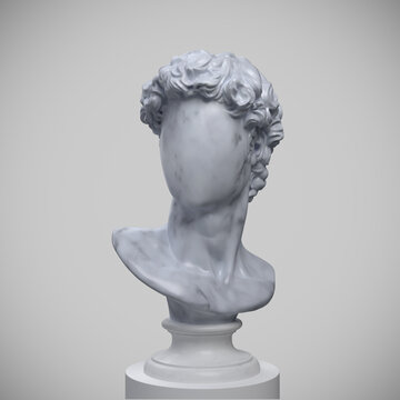 Abstract concept illustration of faceless white marble classical bust on pedestal with identity erased face from 3d rendering on grey background.