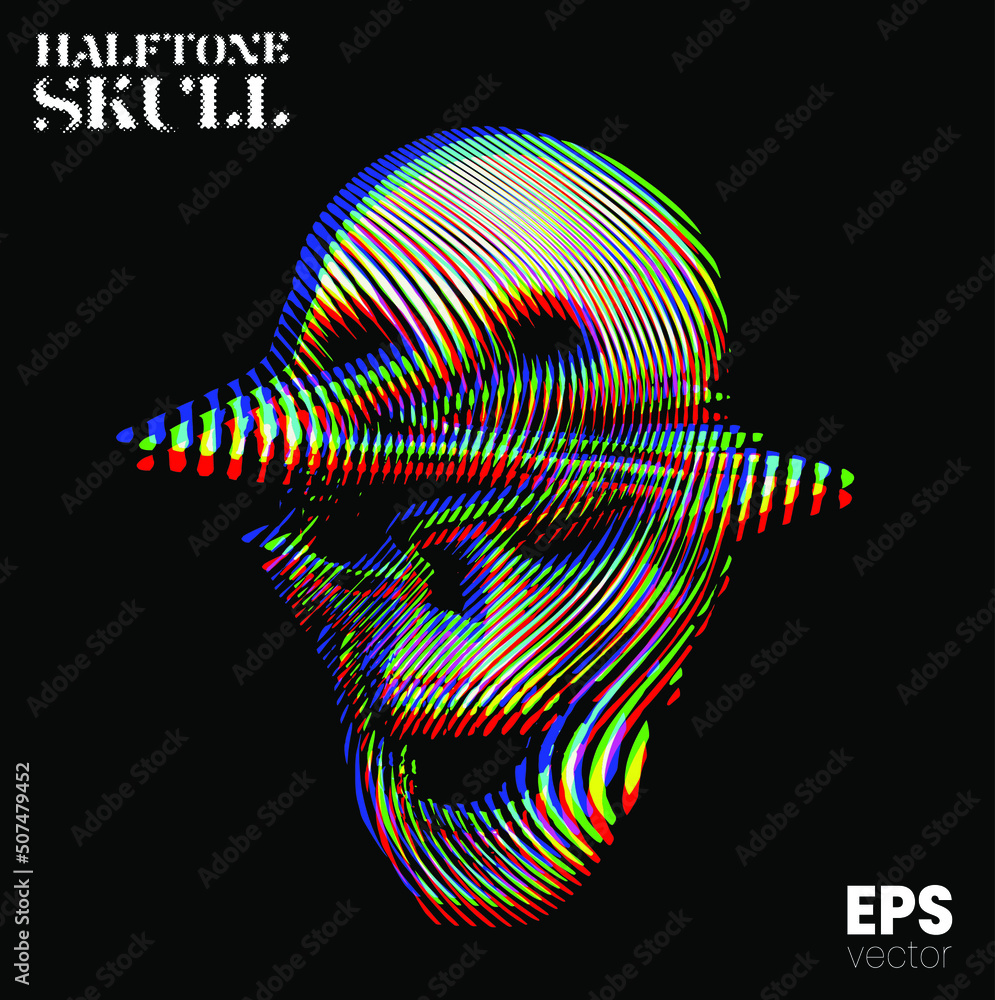 Poster halftone skull. vector illustration from 3d rendering of glitched screaming skull in rgb color mode 