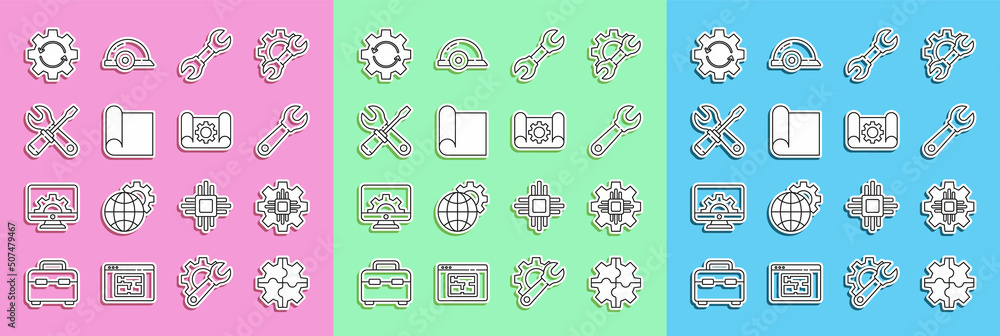 Poster set line gear, processor, wrench spanner, graphing paper for engineering, screwdriver and wrench, ar