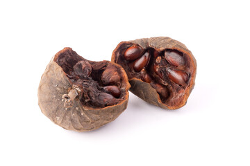 dried custard apple, also known as sugar apple isolated on white background, dried natural tropical fruit nuts