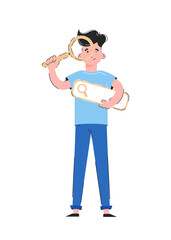 The guy in full growth holds a magnifying glass. Isolated on white background. Good for apps, presentations and websites.